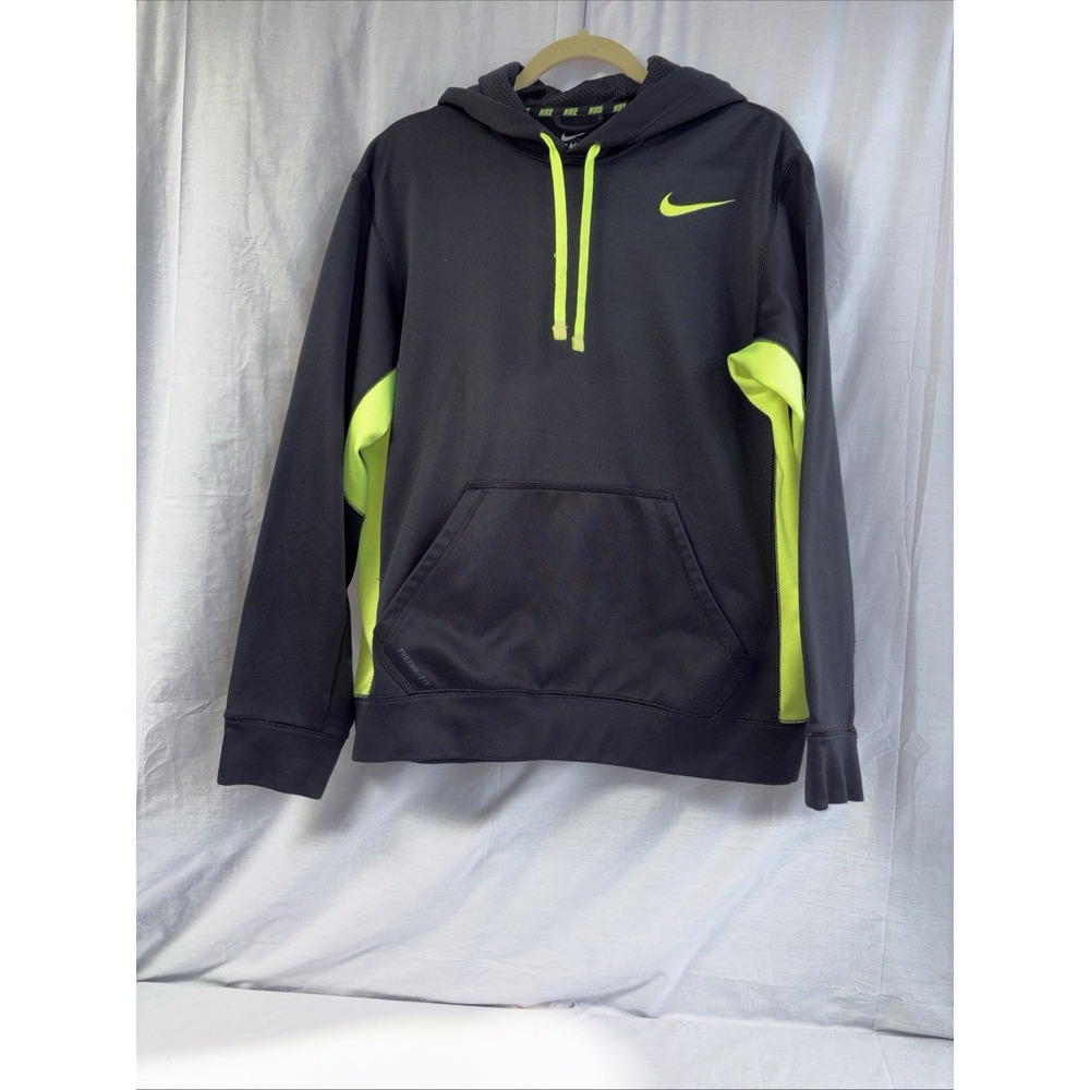 Nike Hoodie Mens Medium Therma Fit Black Neon Green Swoosh Pullover Sweatshirt - Picture 2 of 14